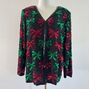 Laurence Kazar Silk Beaded Sequin Christmas Bow Jacket Vintage 90s Holiday Large